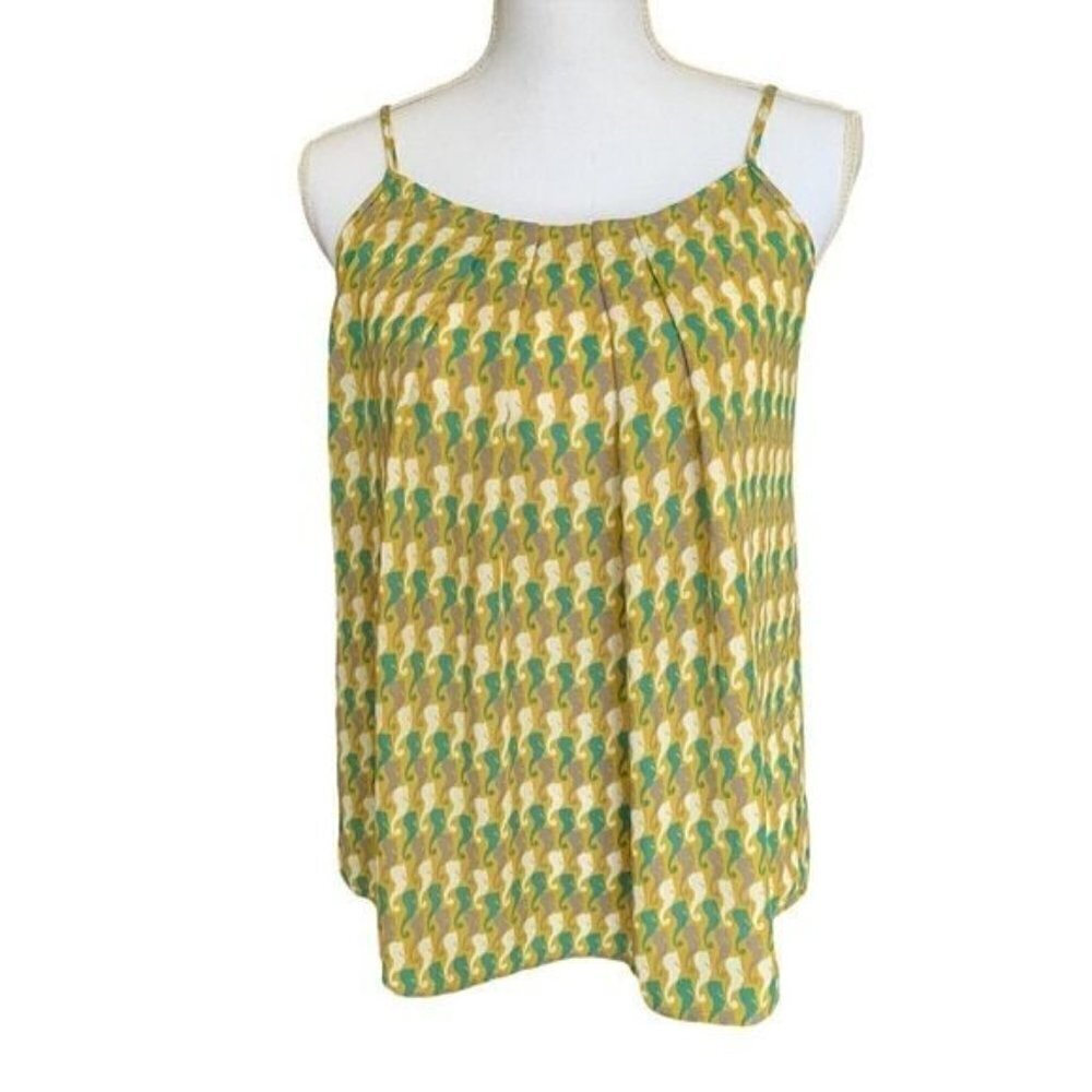 Cabi Womens Tank Top Sz Small Sea Horses Greens Pleated Neck Spaghetti Straps